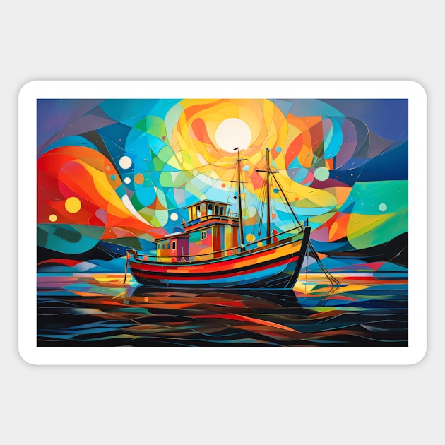 Fishing Boat Concept Abstract Colorful Scenery Painting Magnet by Cubebox